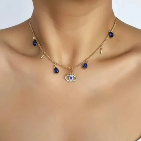 Mystical Evil Eye Necklace with Sapphire Blue Charms - Picture 1 of 4